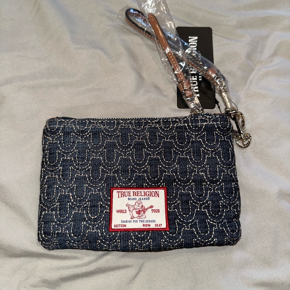True Religion Blue Denim and Tan Wristlet